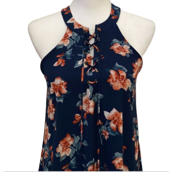 Altard State Dress Mini Womens Small Floral Print Halter Navy Lace Up Spring - Picture 4 of 13